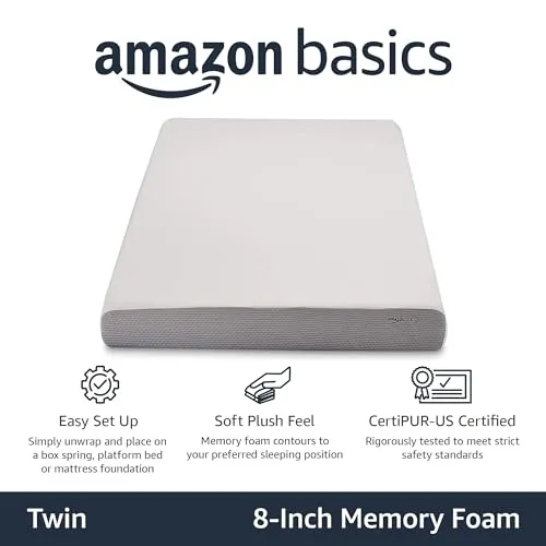 Amazon Basics Memory Foam Mattress, Soft Plush Feel, 8 Inch, Twin, White/Grey
