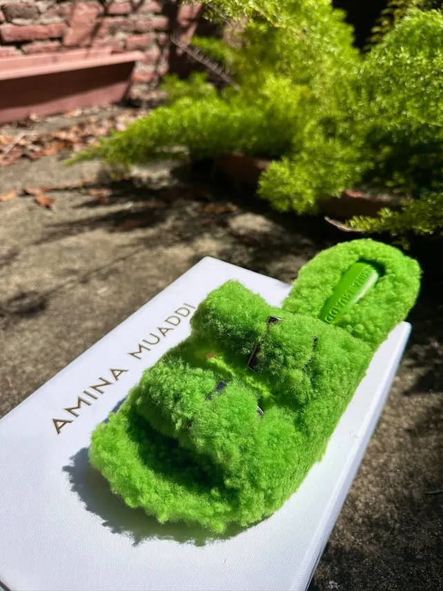 Amina Muaddi Millie Shearling Heels in Fluorescent Green