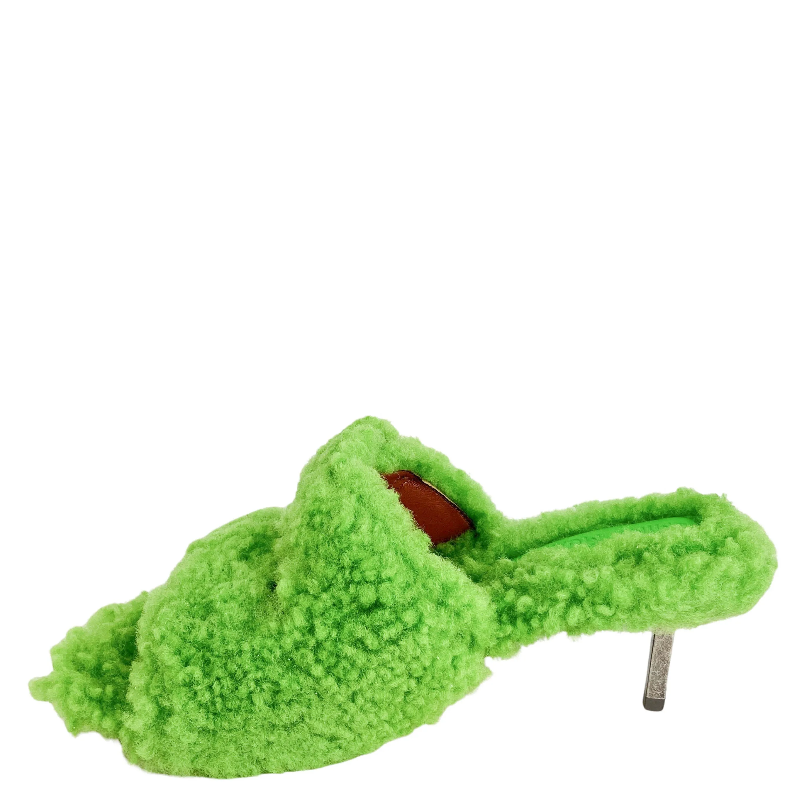 Amina Muaddi Millie Shearling Heels in Fluorescent Green