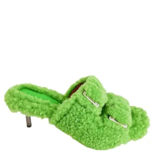 Amina Muaddi Millie Shearling Heels in Fluorescent Green