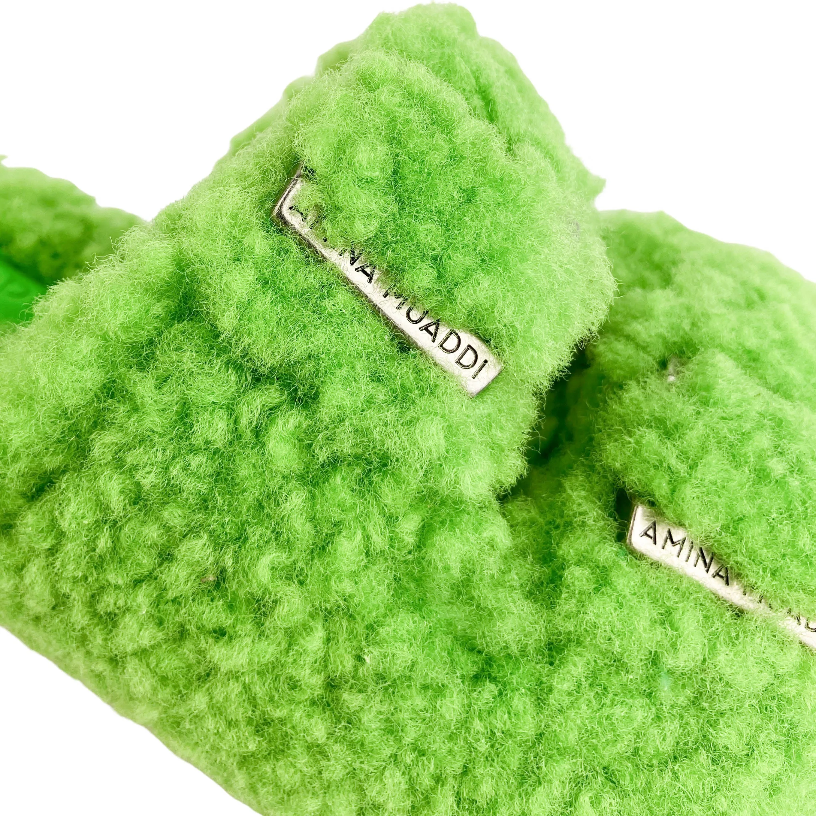 Amina Muaddi Millie Shearling Heels in Fluorescent Green