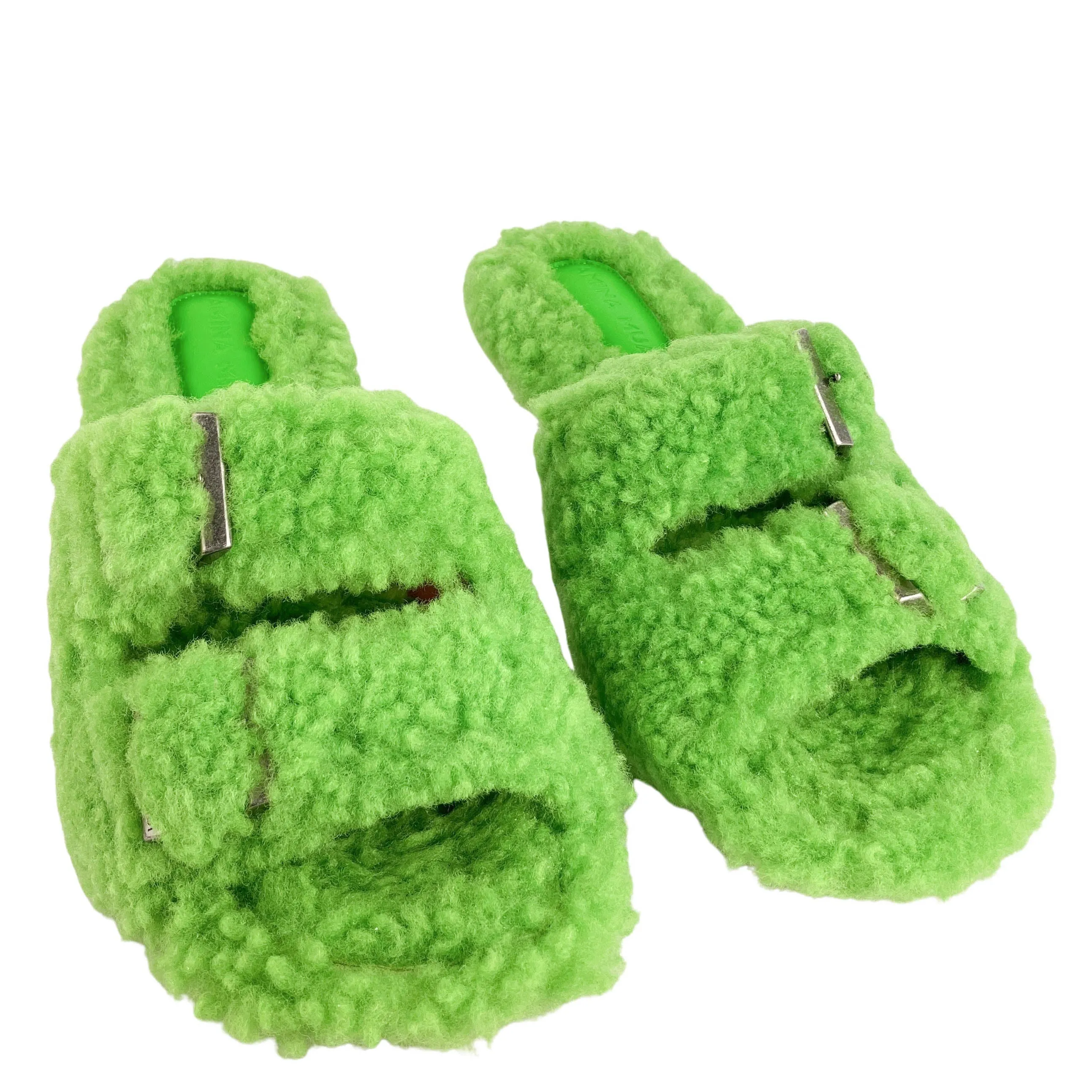 Amina Muaddi Millie Shearling Heels in Fluorescent Green
