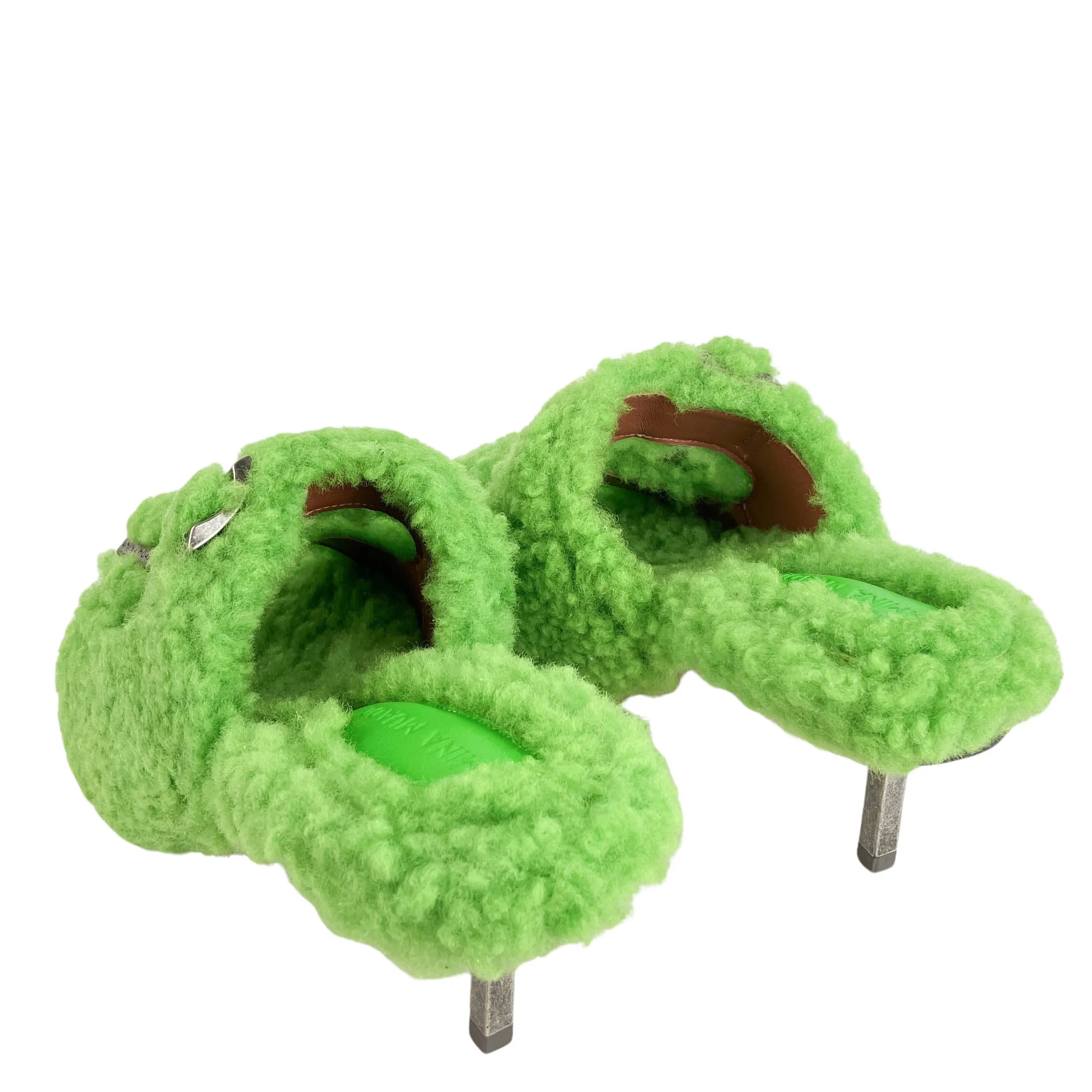 Amina Muaddi Millie Shearling Heels in Fluorescent Green