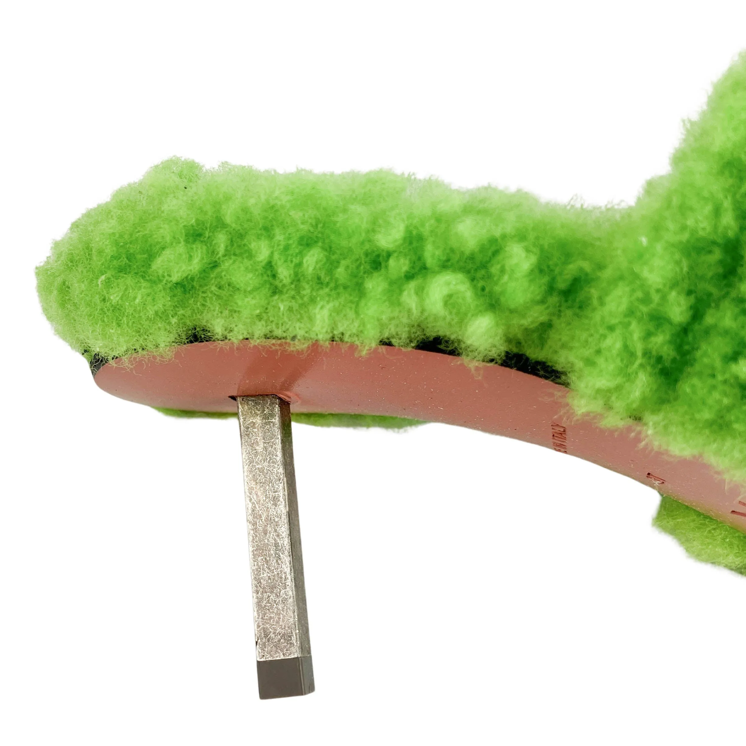 Amina Muaddi Millie Shearling Heels in Fluorescent Green