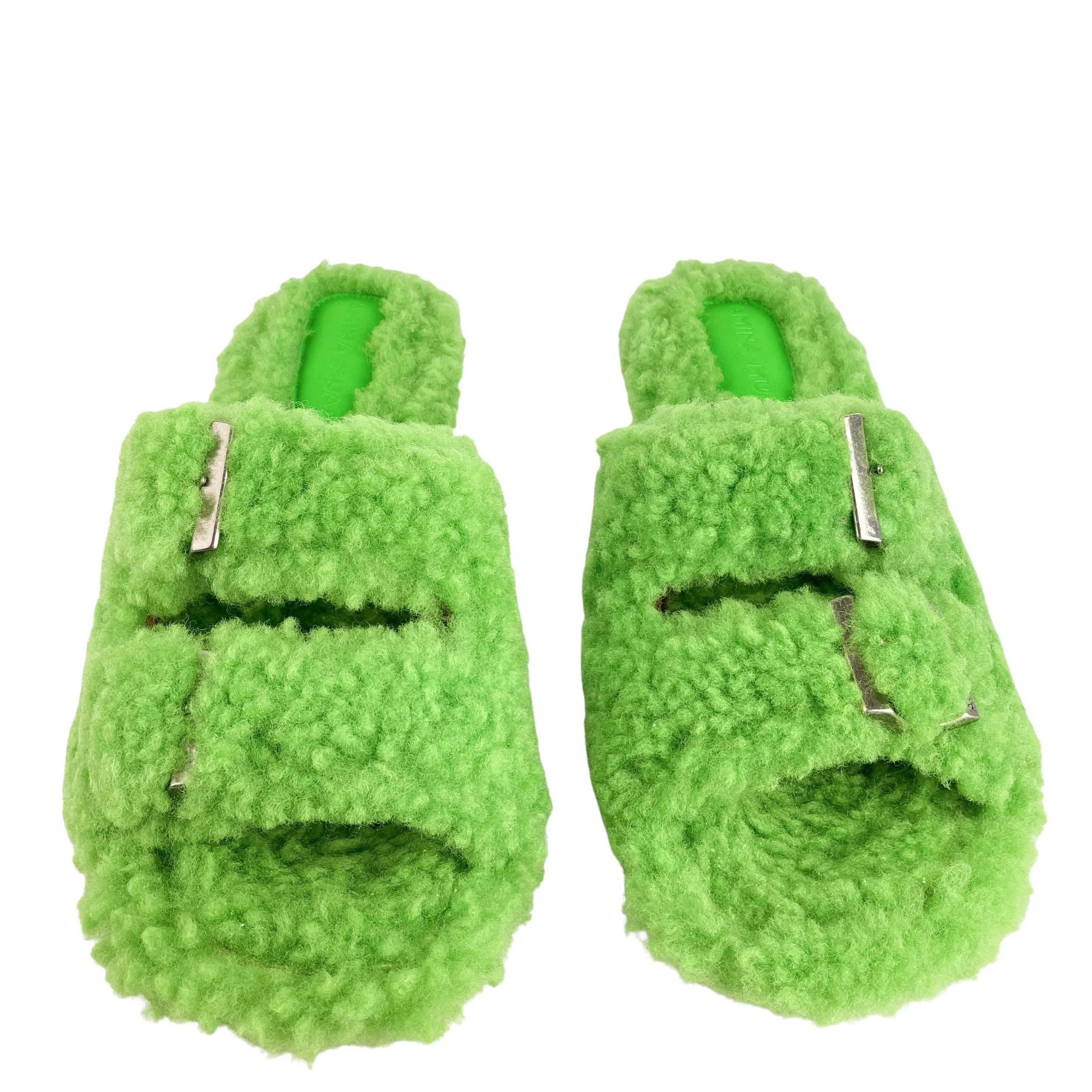 Amina Muaddi Millie Shearling Heels in Fluorescent Green