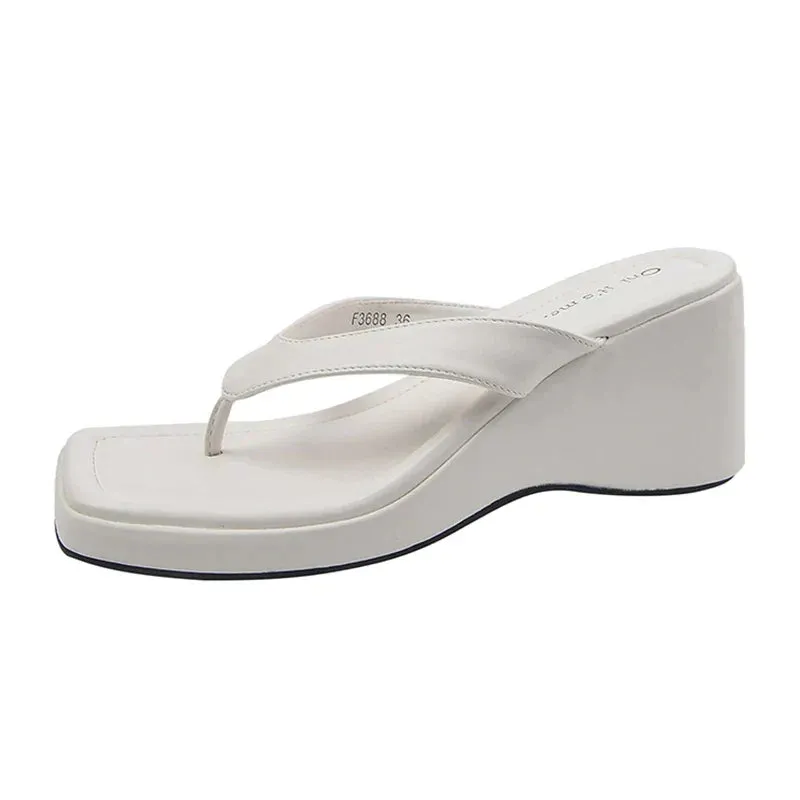 AMOZAE- - Korean Style White Square Toe Wedge Flip Flops