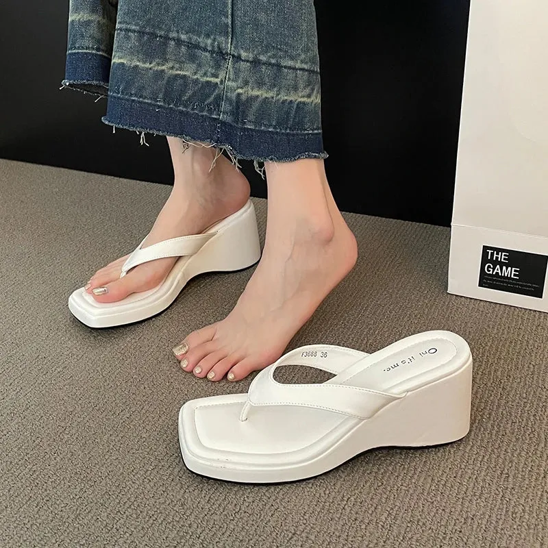 AMOZAE- - Korean Style White Square Toe Wedge Flip Flops