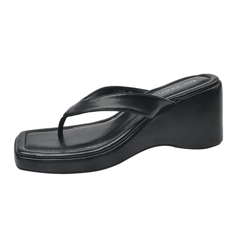 AMOZAE- - Korean Style White Square Toe Wedge Flip Flops