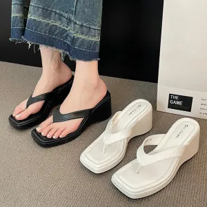 AMOZAE- - Korean Style White Square Toe Wedge Flip Flops