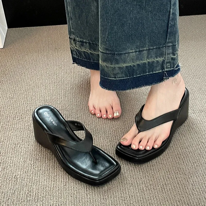 AMOZAE- - Korean Style White Square Toe Wedge Flip Flops