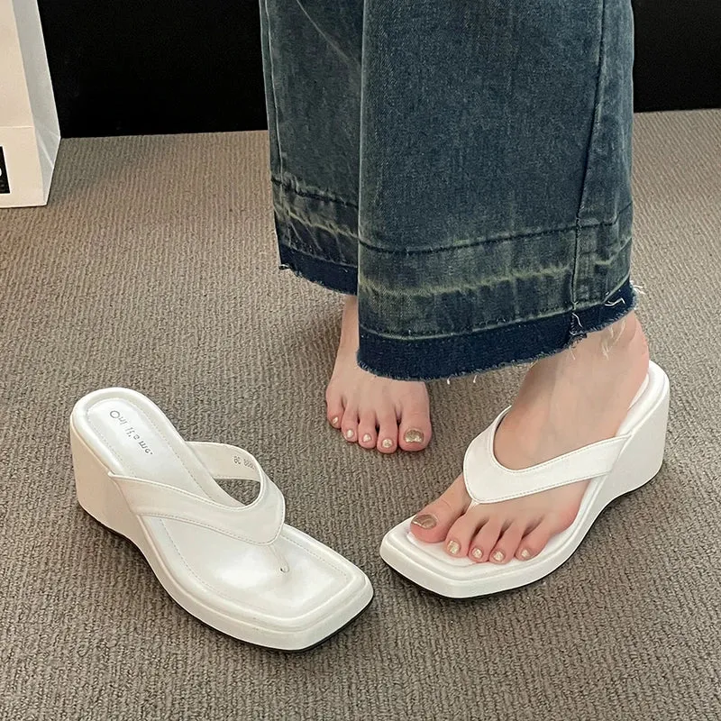 AMOZAE- - Korean Style White Square Toe Wedge Flip Flops