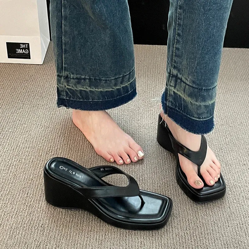 AMOZAE- - Korean Style White Square Toe Wedge Flip Flops