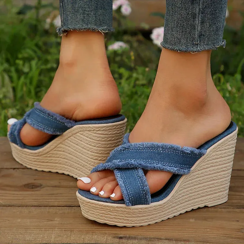 AMOZAE- - Summer Women's Blue Denim Cross Strap High Wedge Slippers