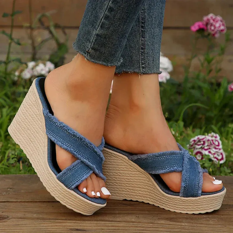 AMOZAE- - Summer Women's Blue Denim Cross Strap High Wedge Slippers