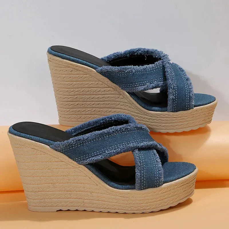 AMOZAE- - Summer Women's Blue Denim Cross Strap High Wedge Slippers