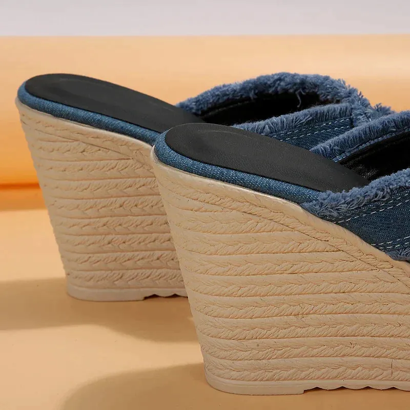 AMOZAE- - Summer Women's Blue Denim Cross Strap High Wedge Slippers