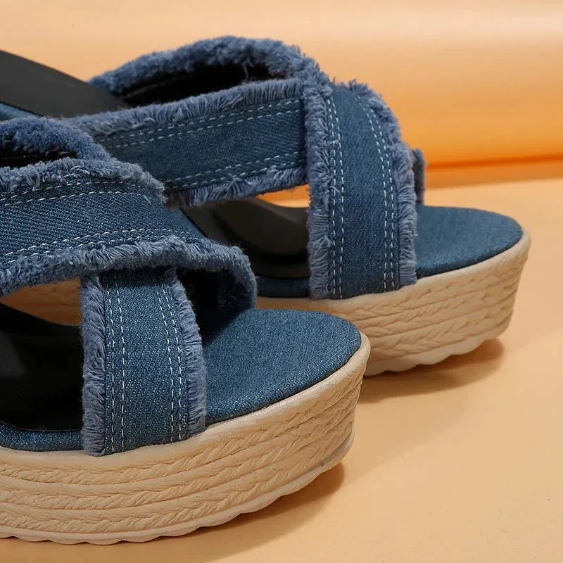 AMOZAE- - Summer Women's Blue Denim Cross Strap High Wedge Slippers