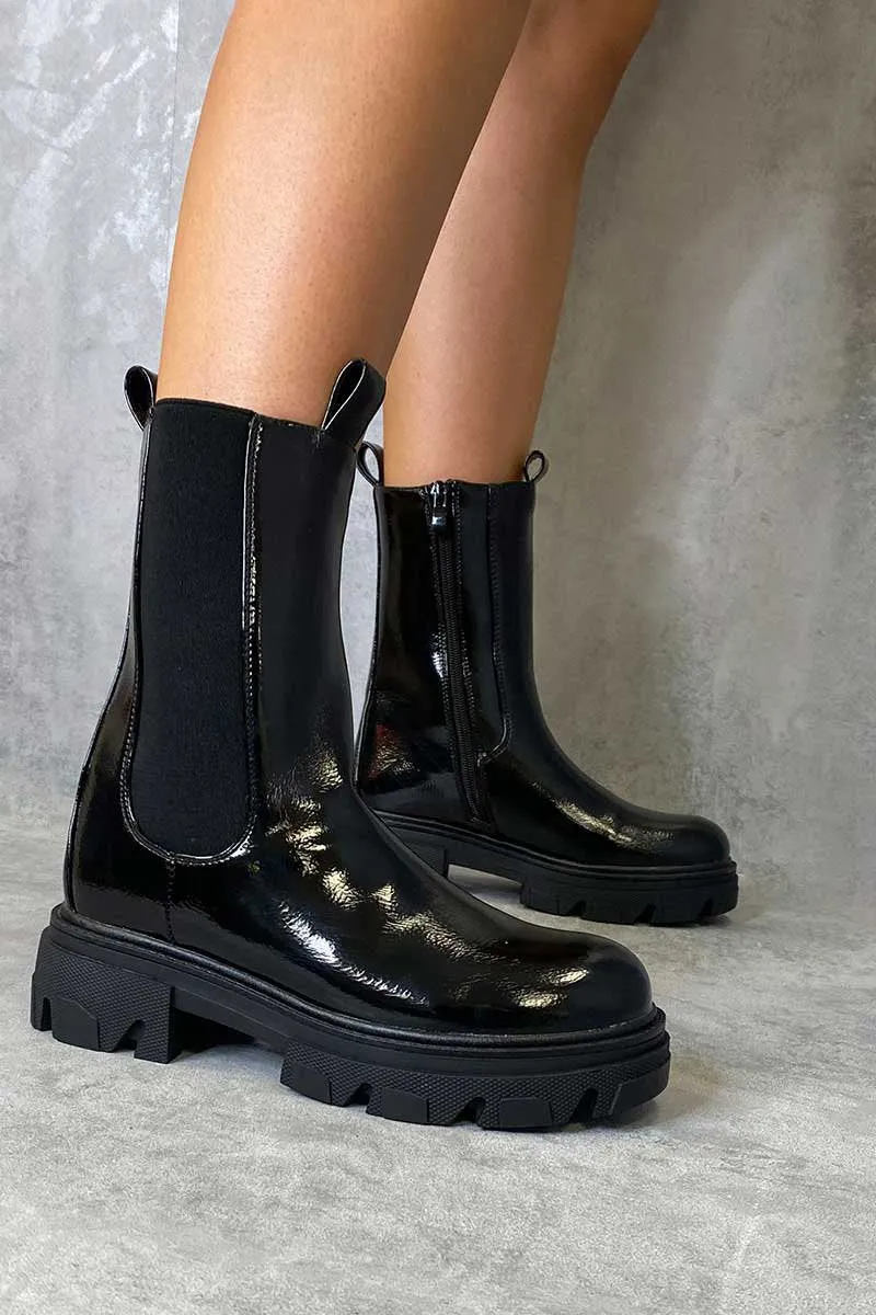 Black Patent High Chelsea Boot - Kittie