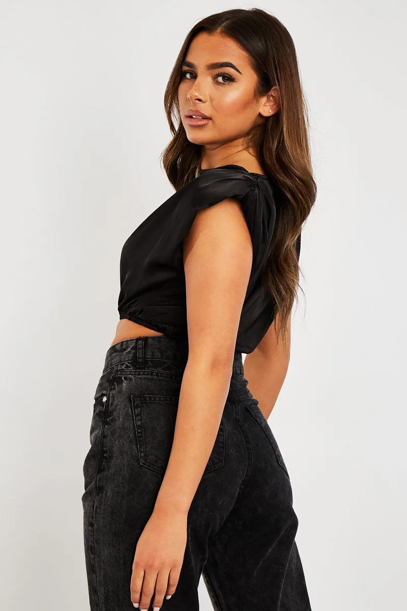 Black Satin Ruched Shoulder Pad Crop Top - Darina