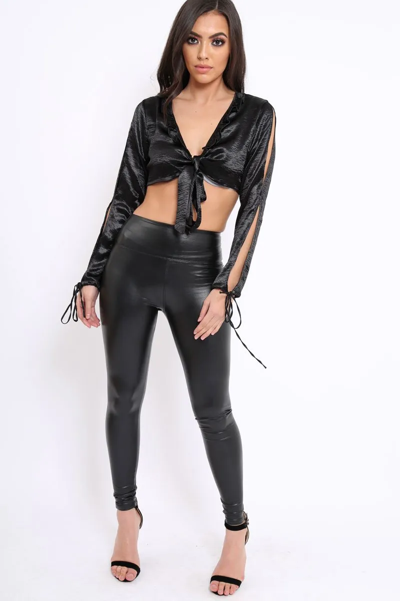 Black Satin Tie Front Top - Gweneth