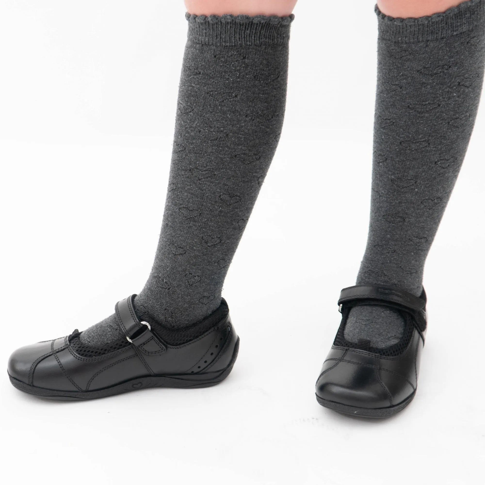 CINDY Girls Leather Touch Fasten Shoes Black