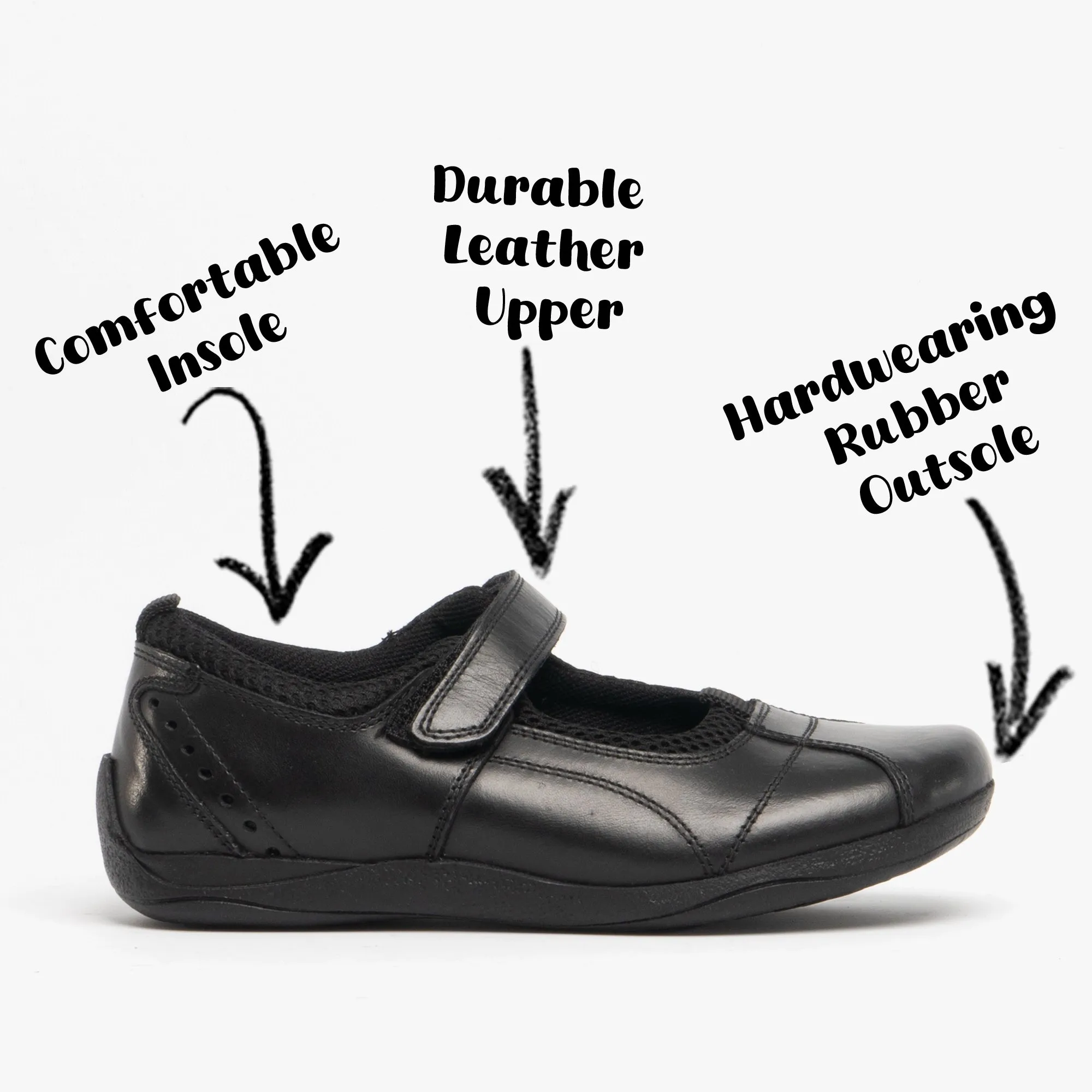 CINDY Girls Leather Touch Fasten Shoes Black