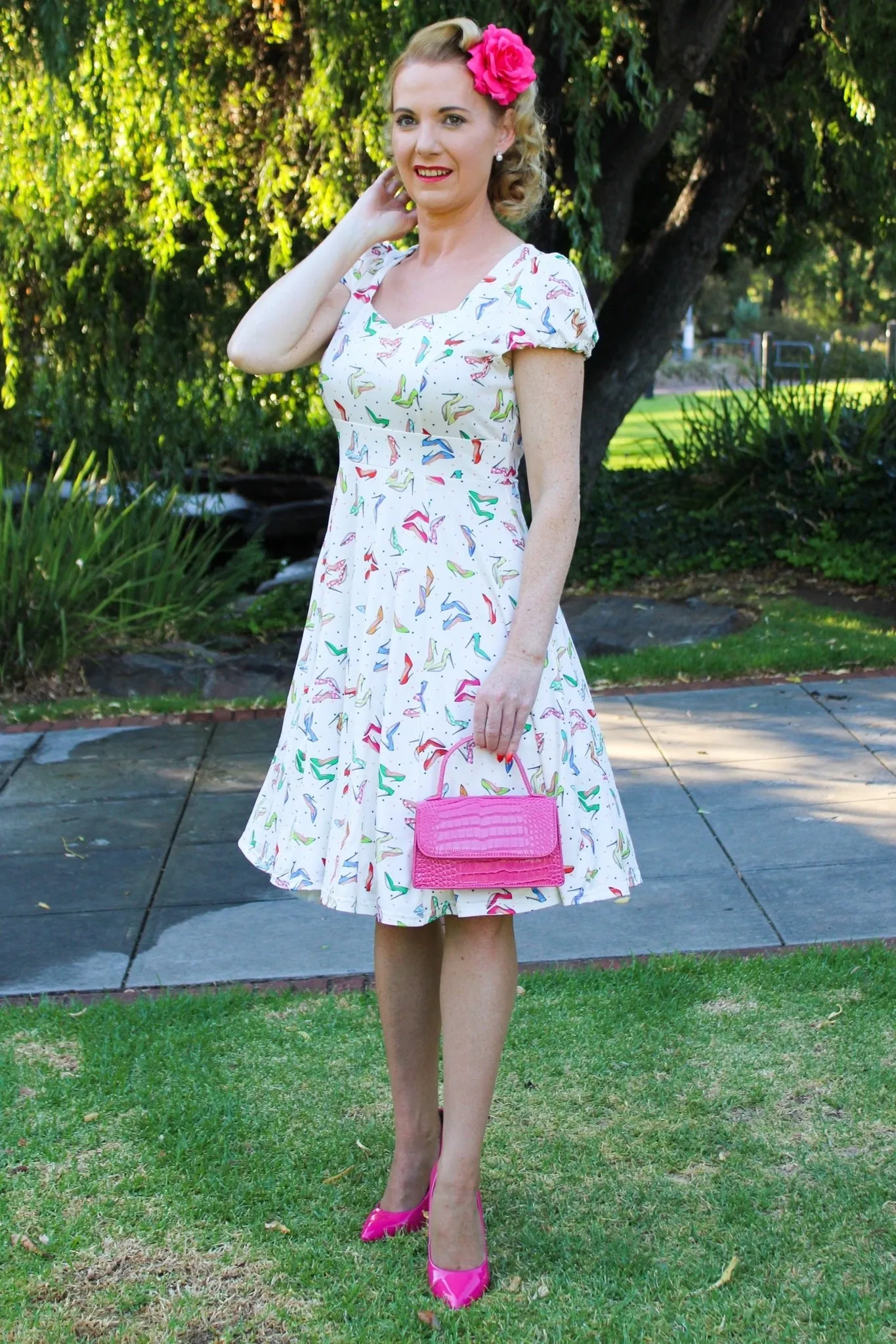 Claudia Cream Cap Sleeve Dress in Stiletto Print