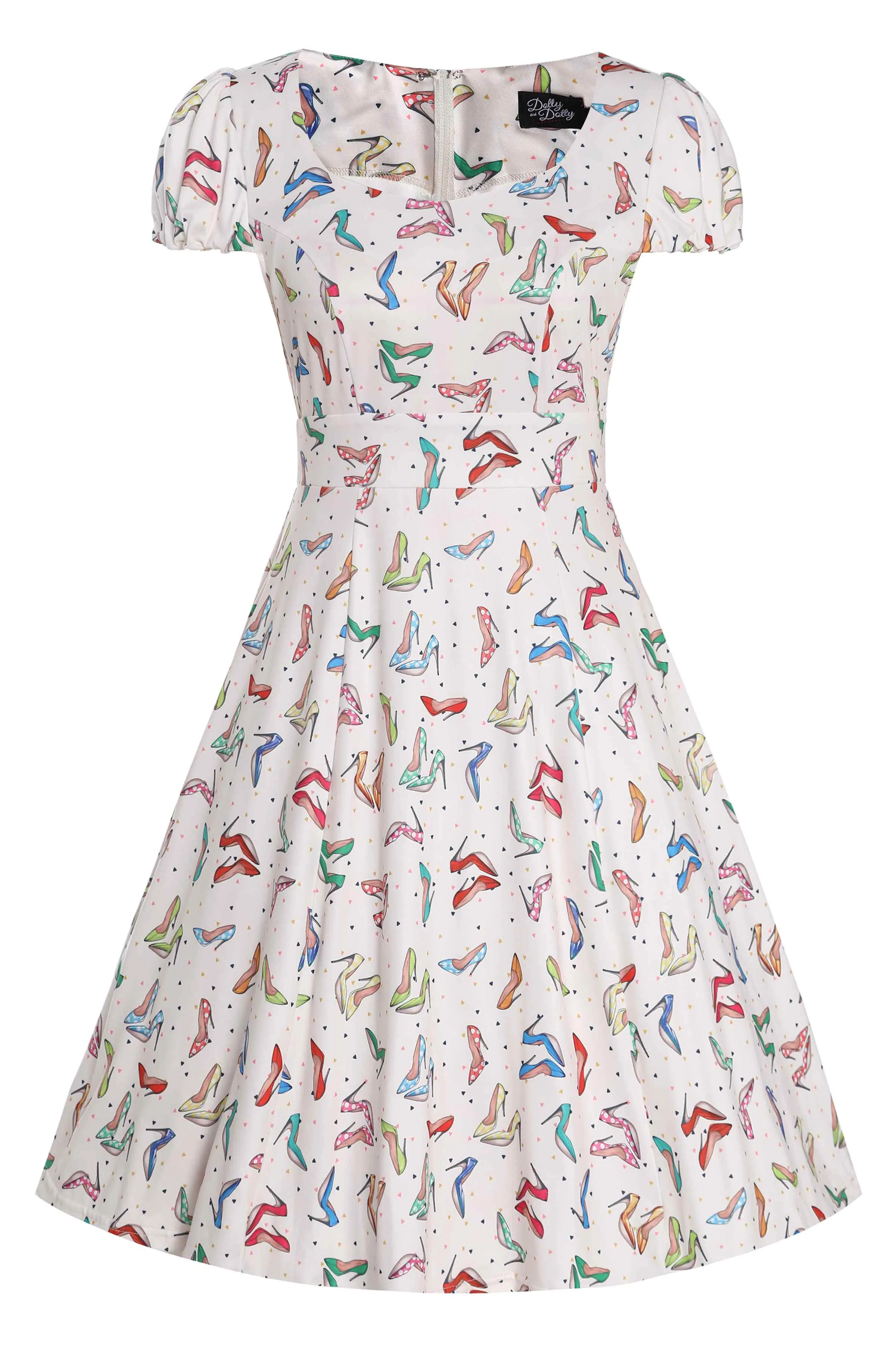 Claudia Cream Cap Sleeve Dress in Stiletto Print
