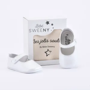 Girls Pearly White Leather Pre-walker Shoes With Velcro Strap