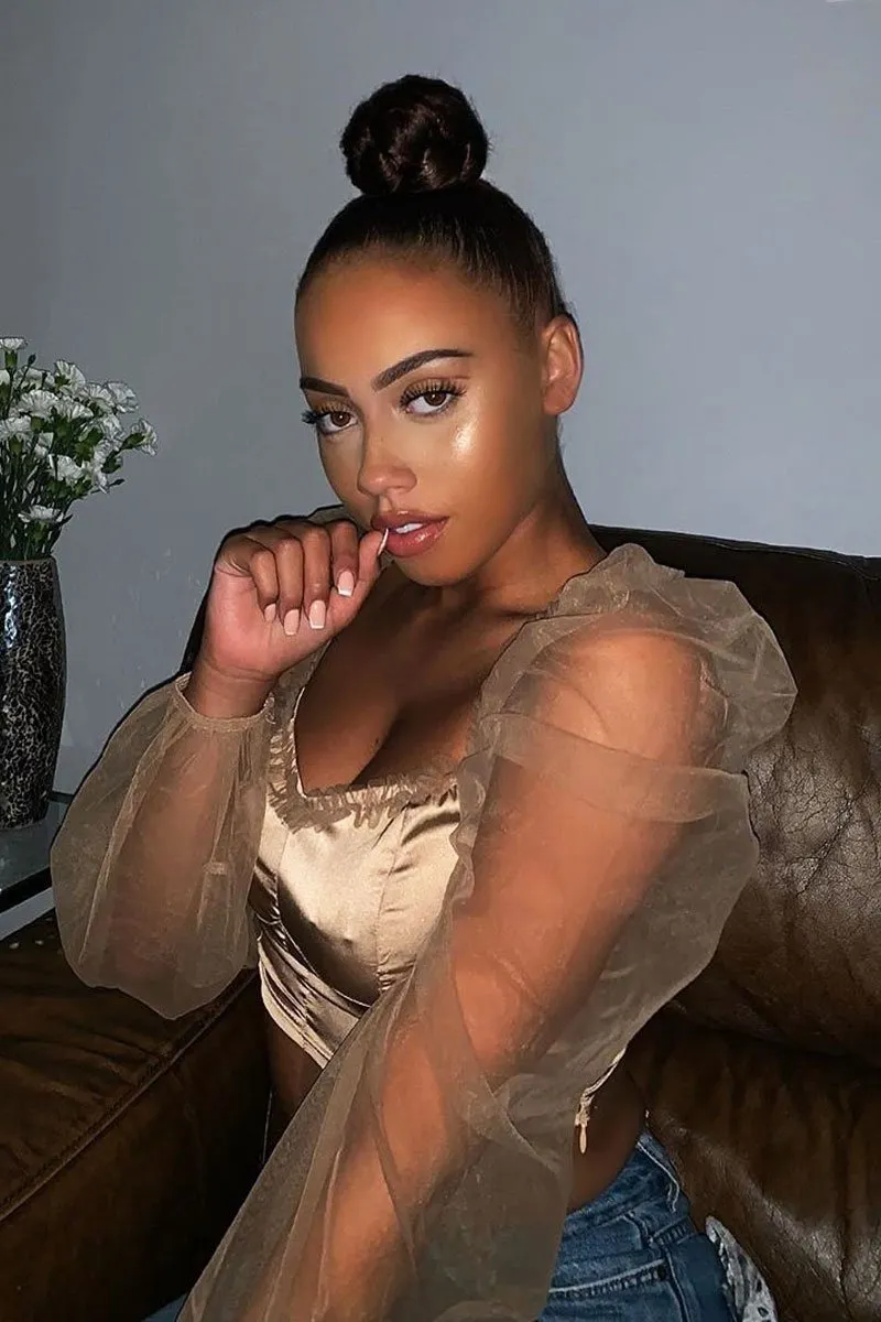 Gold Satin Mesh Sleeve Ruched Detail Crop Top - Rya