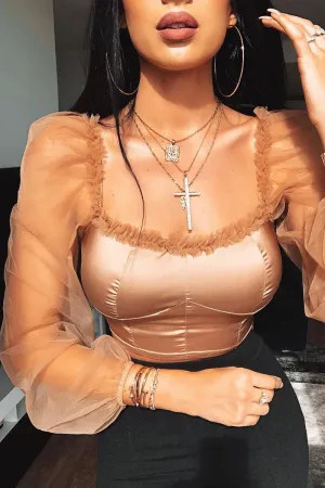 Gold Satin Mesh Sleeve Ruched Detail Crop Top - Rya