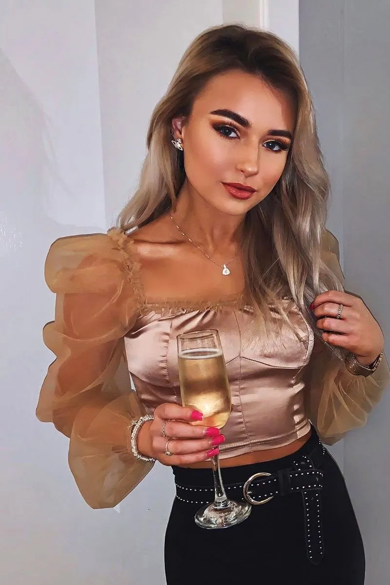 Gold Satin Mesh Sleeve Ruched Detail Crop Top - Rya