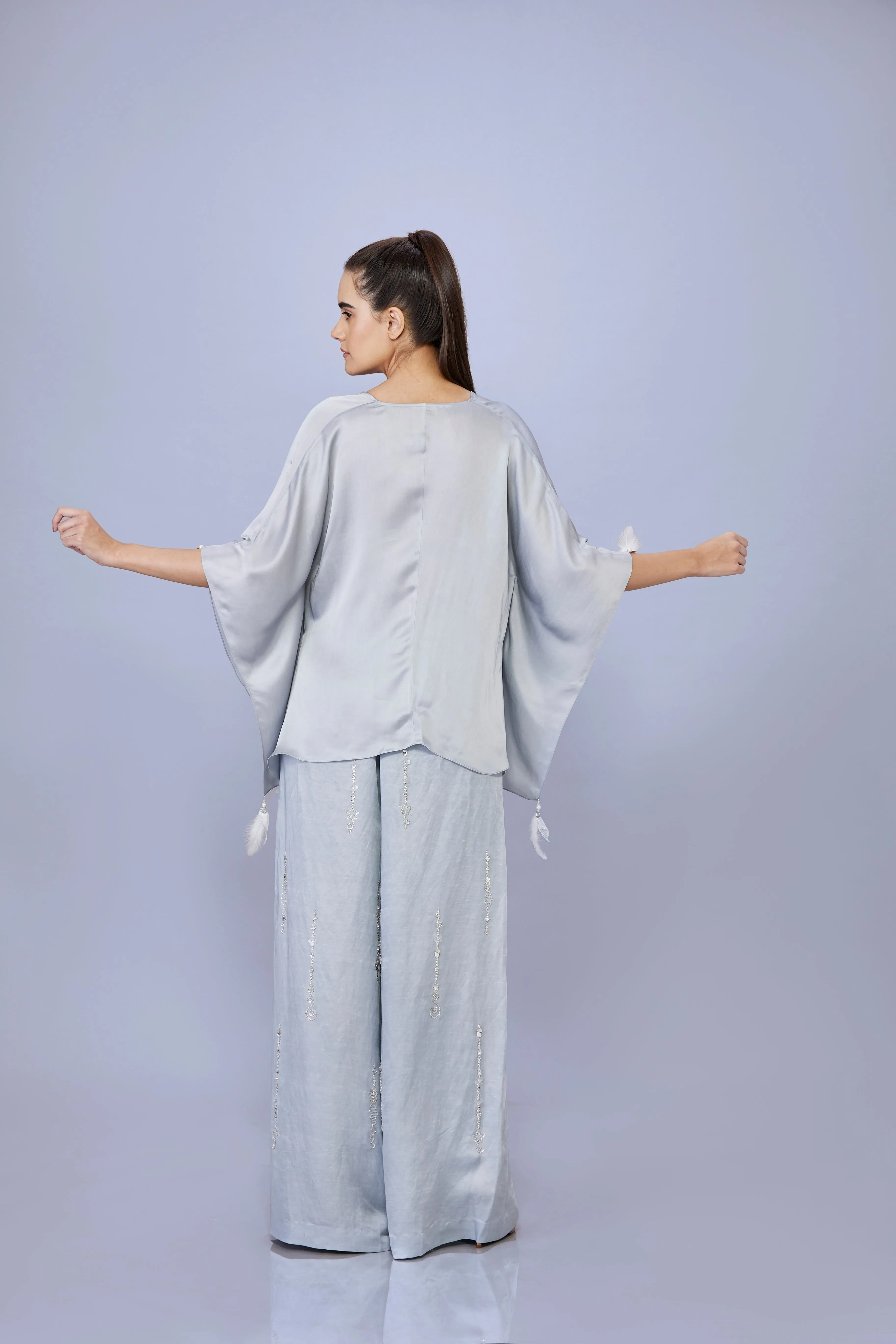 Grey plain draped kaftan with silver Tassels