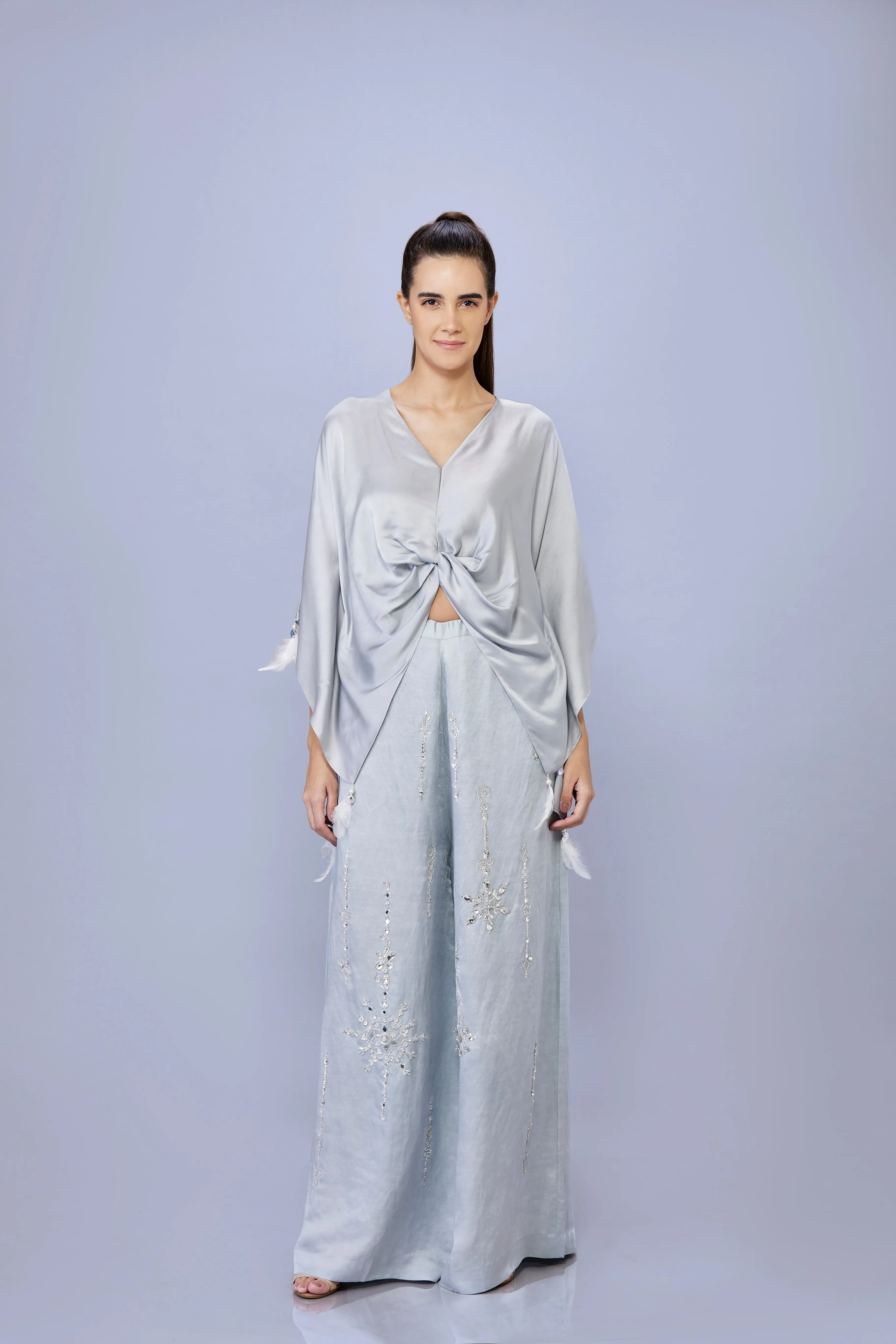 Grey plain draped kaftan with silver Tassels