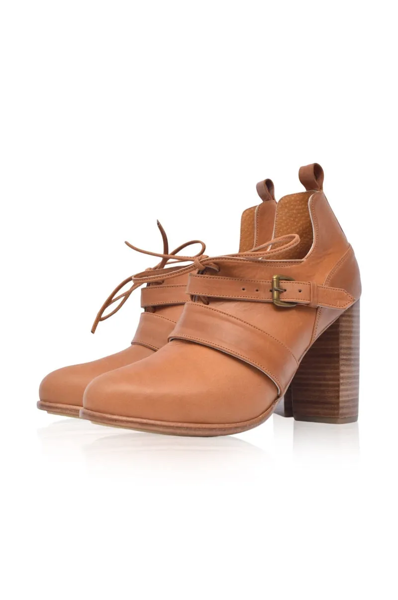 Josephine Lace up Leather Heels in Vintage Camel