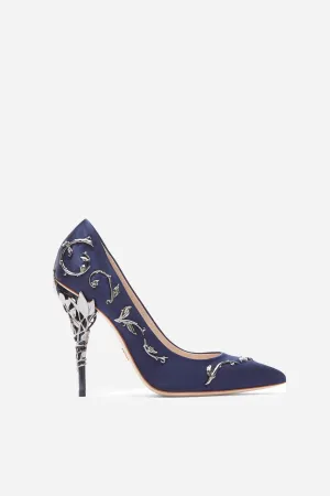 Midnight Blue Satin With Gunmetal Leaves