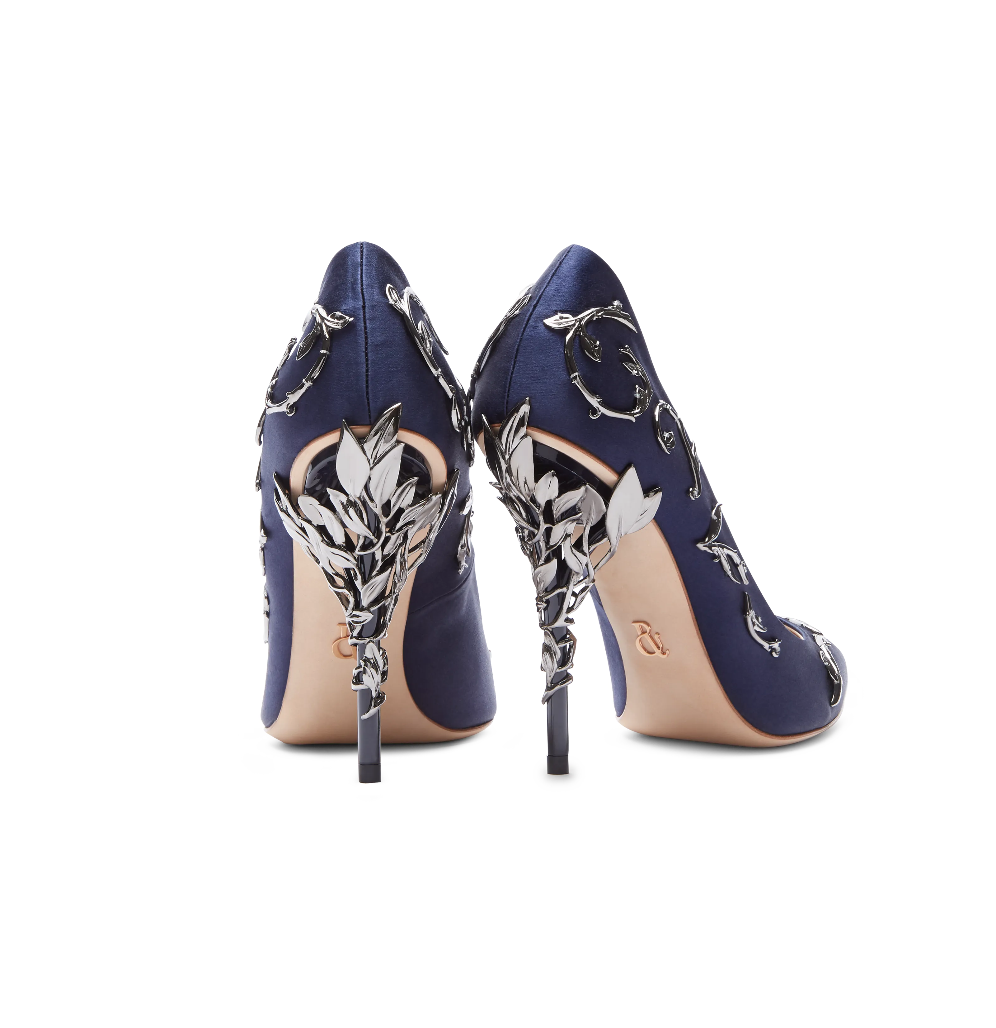 Midnight Blue Satin With Gunmetal Leaves