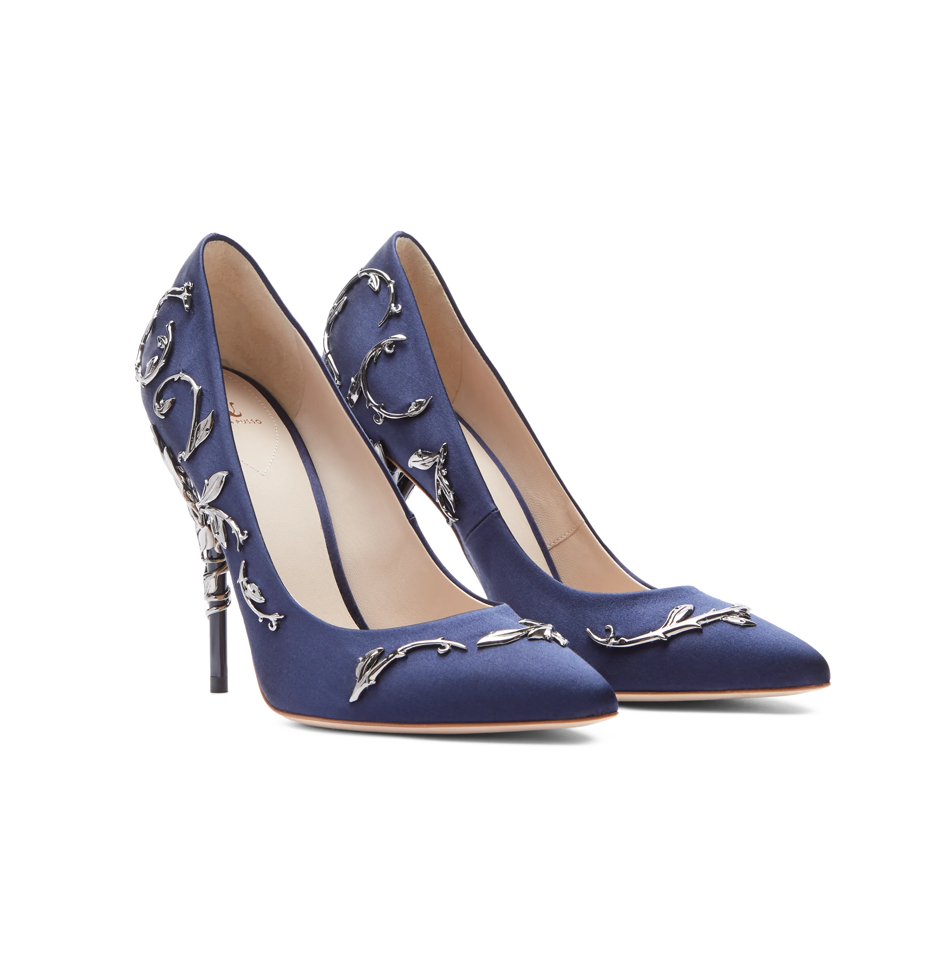 Midnight Blue Satin With Gunmetal Leaves