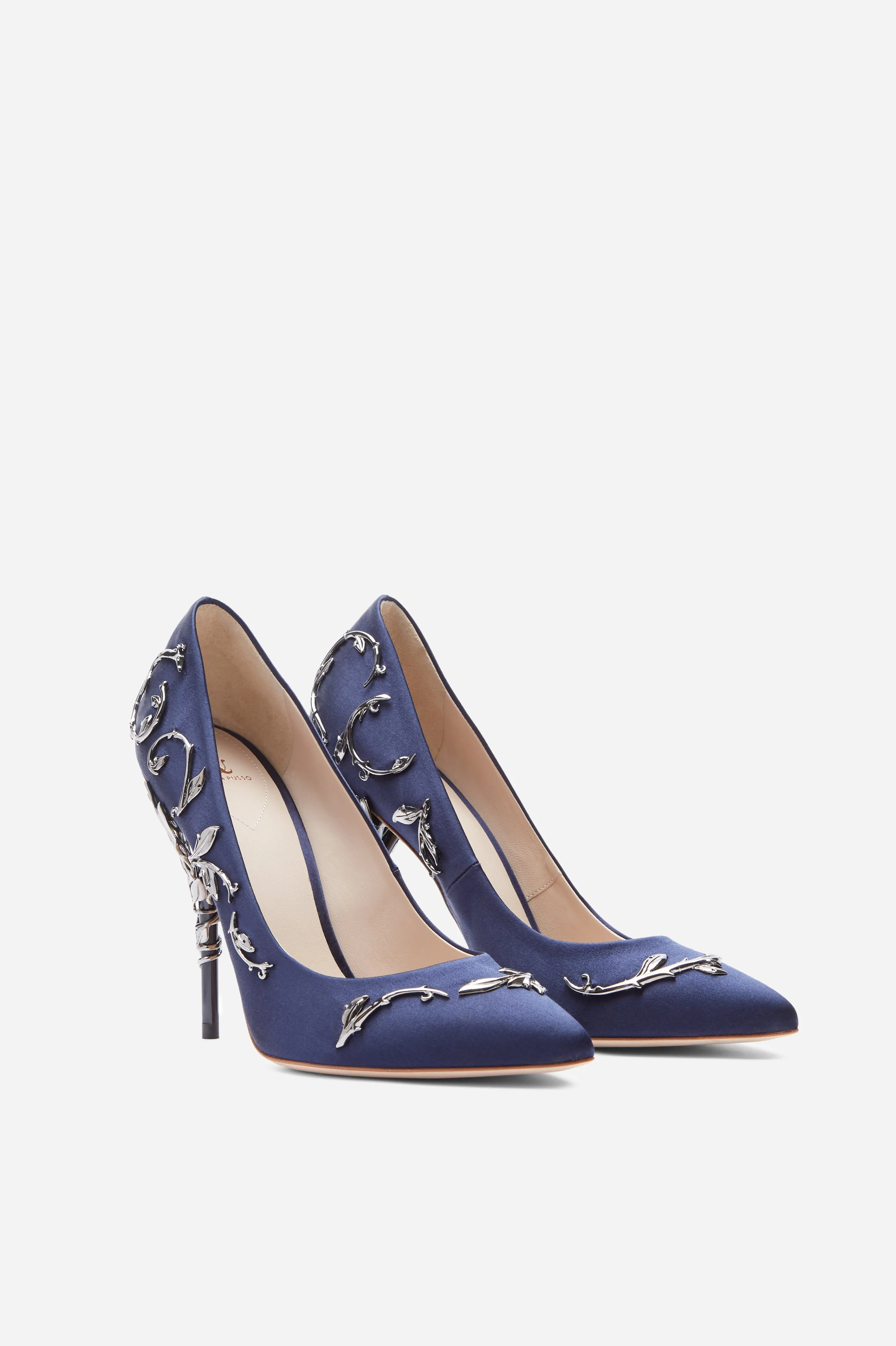 Midnight Blue Satin With Gunmetal Leaves