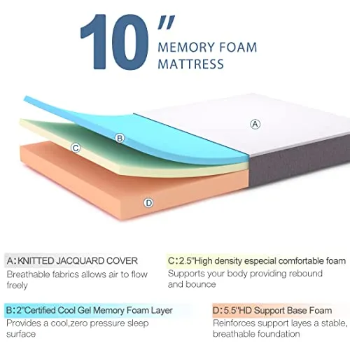 Molblly Queen Mattress 10 Inch Memory Foam Mattress in a Box, Fiberglass Free,Breathable Bed Comfortable Mattress for Cooler Sleep Supportive & Pressure Relief, Queen Size, 60" X 80" X 10"