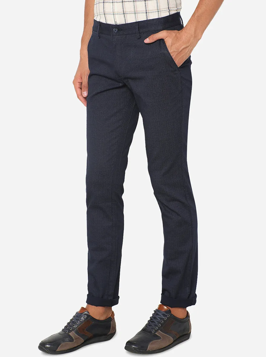 Navy Blue Checked Super Slim Fit Casual Trouser | Greenfibre