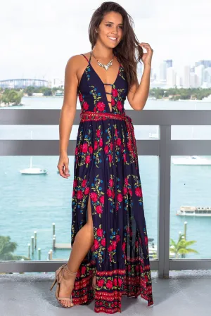 Navy Floral Maxi Dress with Tie Waist