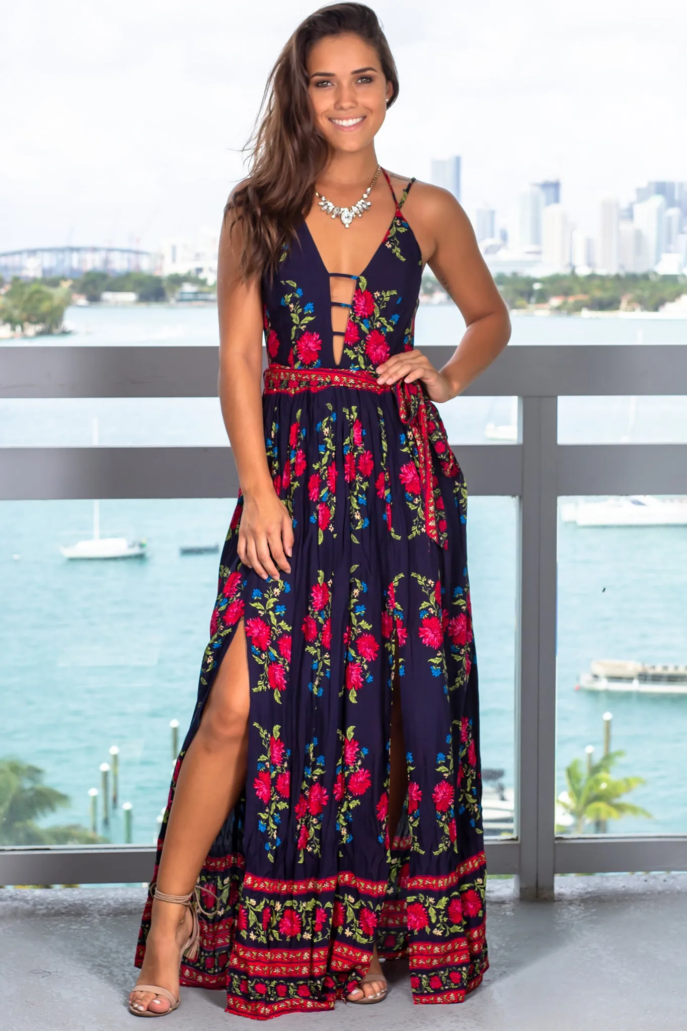 Navy Floral Maxi Dress with Tie Waist