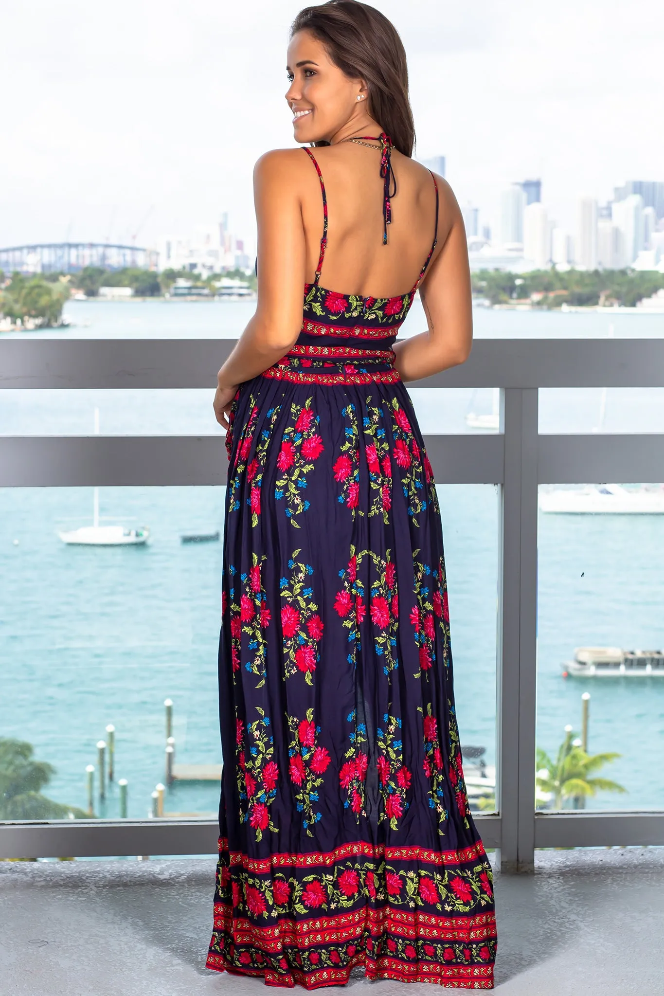 Navy Floral Maxi Dress with Tie Waist
