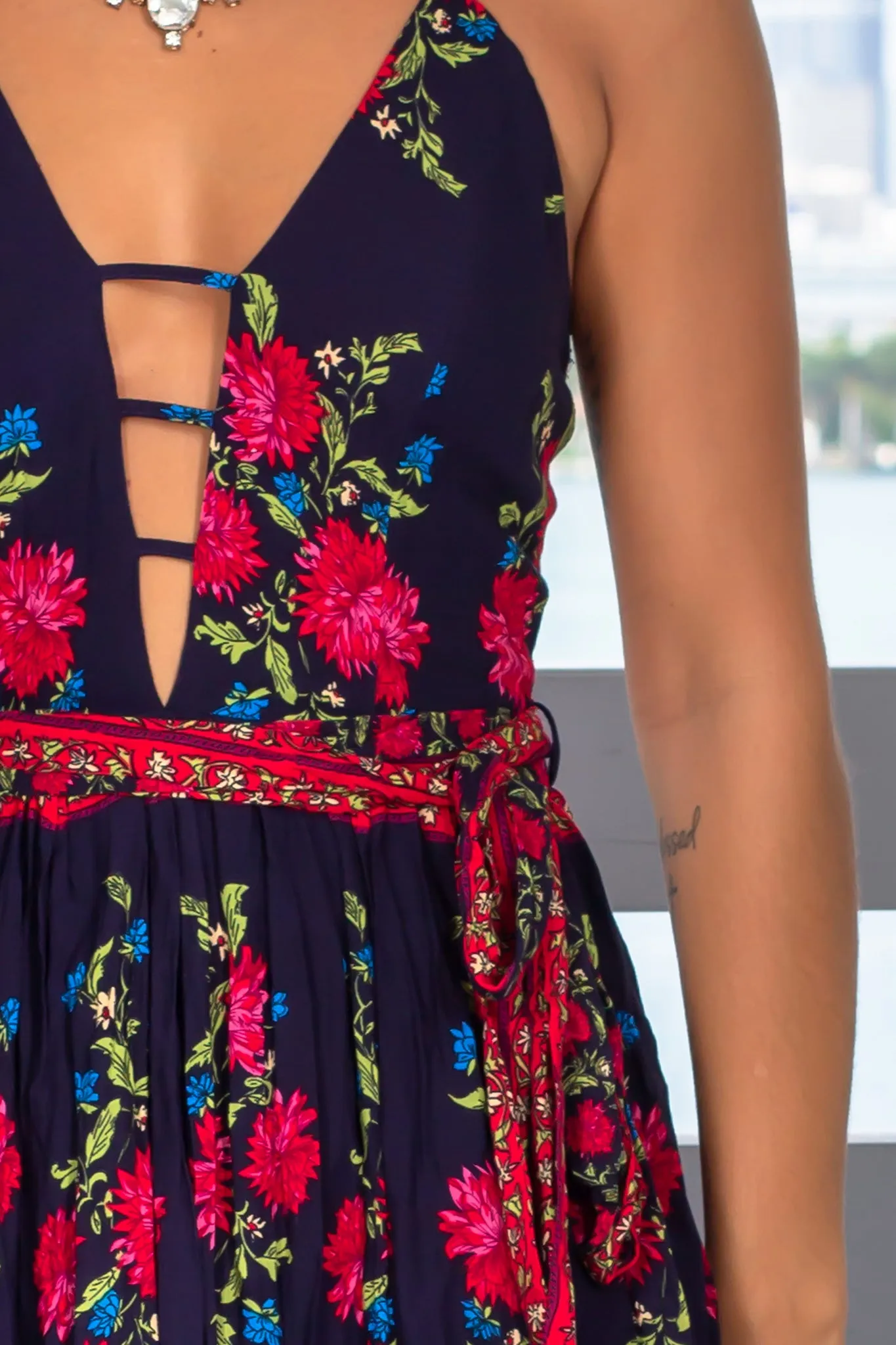 Navy Floral Maxi Dress with Tie Waist