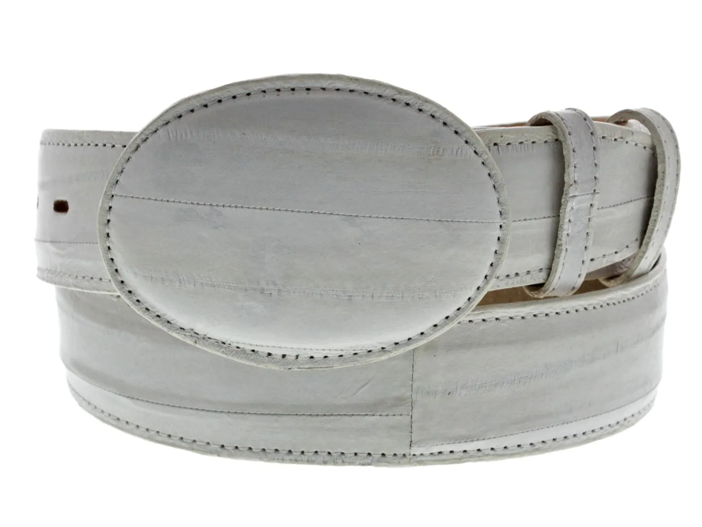 Off White Western Cowboy Belt Real Eel Skin Leather - Rodeo Buckle