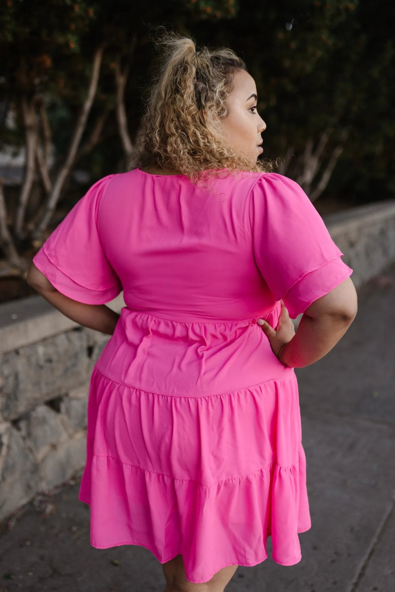 Pink Tiered V-Neck Dress