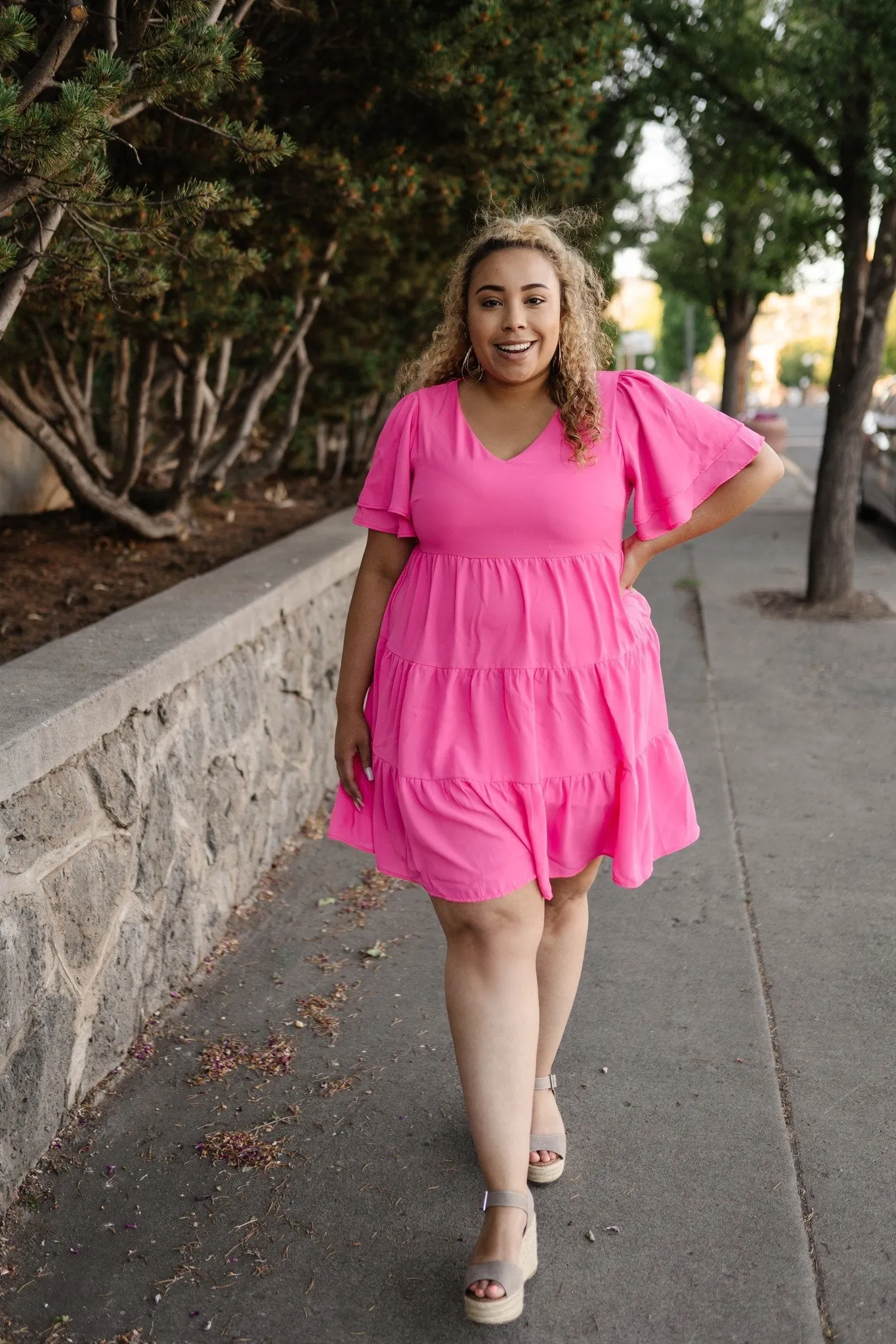 Pink Tiered V-Neck Dress
