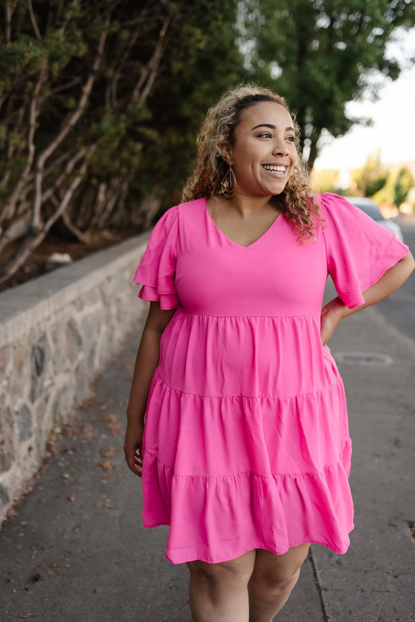 Pink Tiered V-Neck Dress