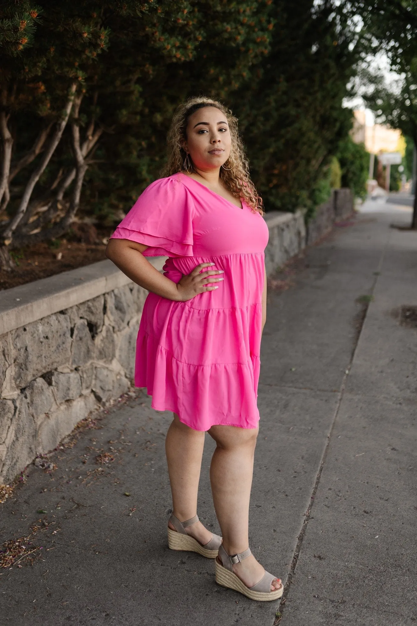 Pink Tiered V-Neck Dress